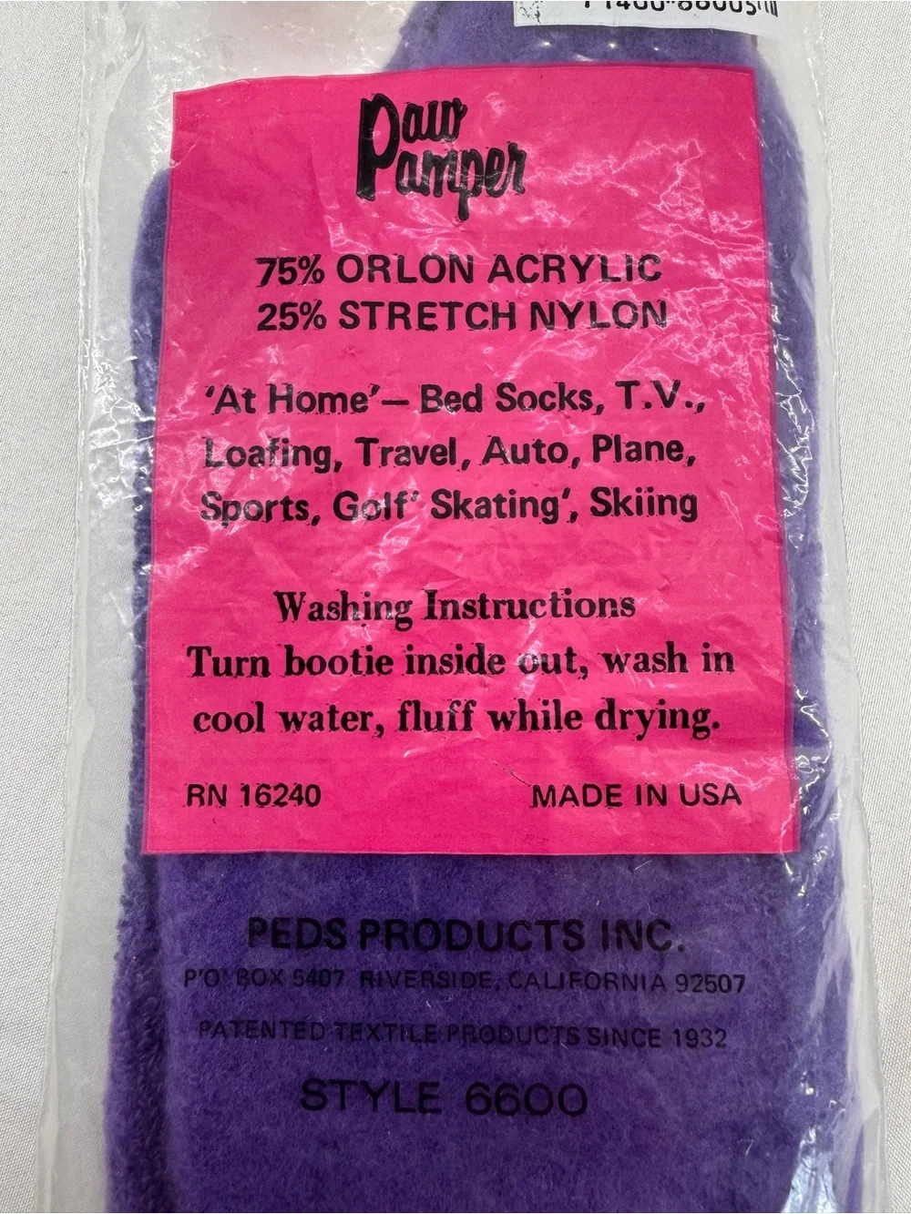 Vintage 1980's Peds Paw Pamper Fluffy Fleece Bootie Sock NOS Purple Size 9-11.5